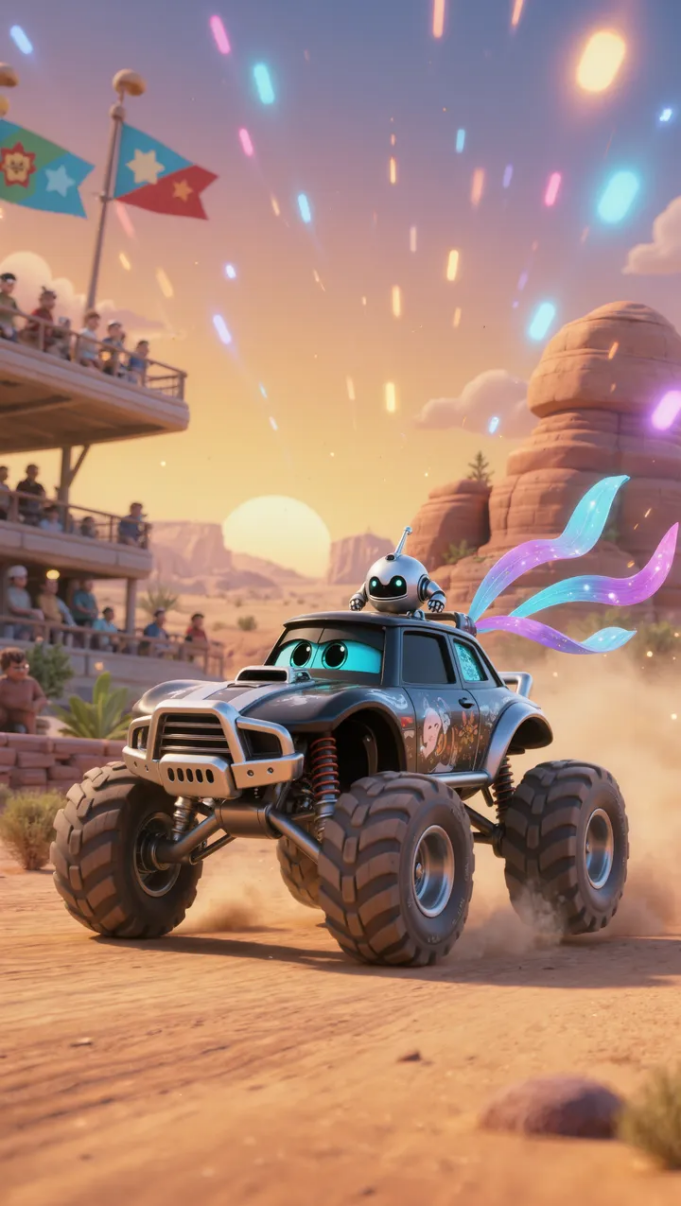  Off-road cartoon truck transformed into a blue racing car with AI